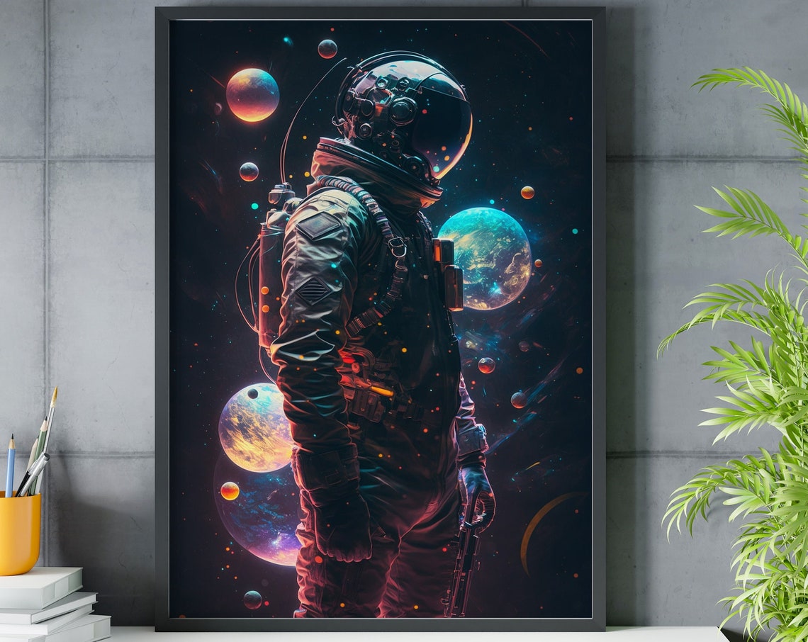 Astronaut Profile With Planets Poster Neon Orange Blue Cosmic Art