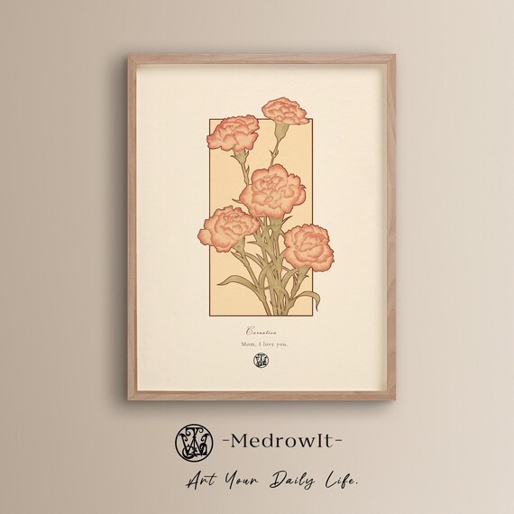 Carnation Flower Botanical Illustration Mom I Love You Art Poster