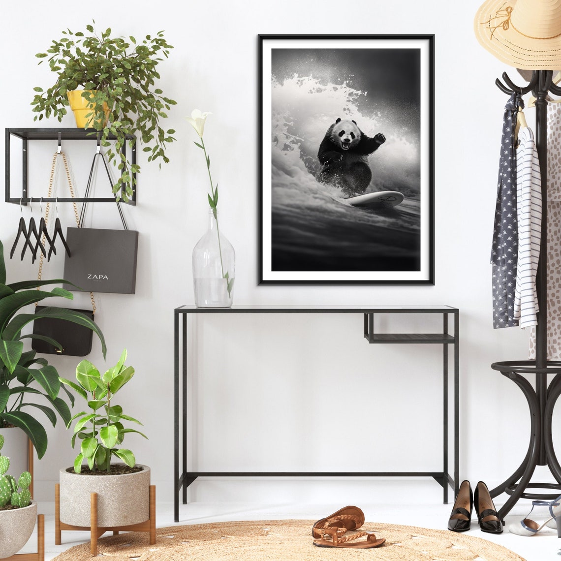 Surfing Panda Riding Ocean Wave Black White Photography Poster - Image 2