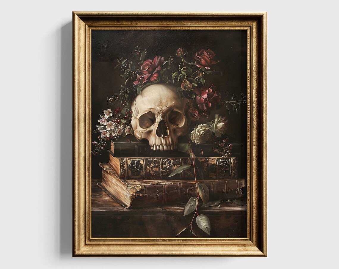 Skull Book Stack Art Print, Dark Academia Decor