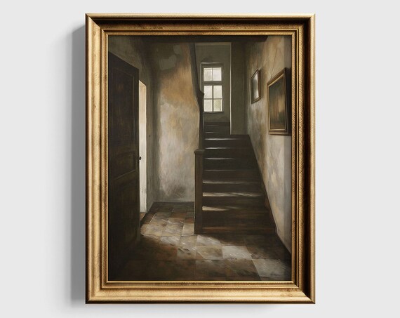 Old Wooden Staircase Interior with Open Door Dark Vintage Poster