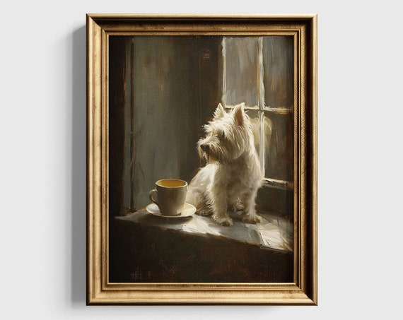 Dog Art Print Moody Gothic Decor Coffee Art Dark Academia Wall Art Dog Lover Gift West Highland White Terrier Art