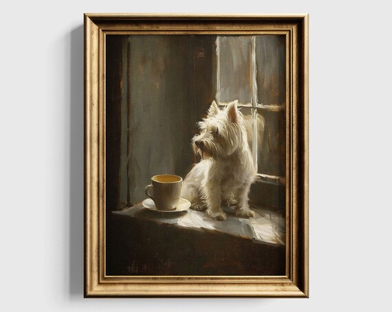West Highland Terrier Puppy On Windowsill With Teacup Vintage Painting Poster