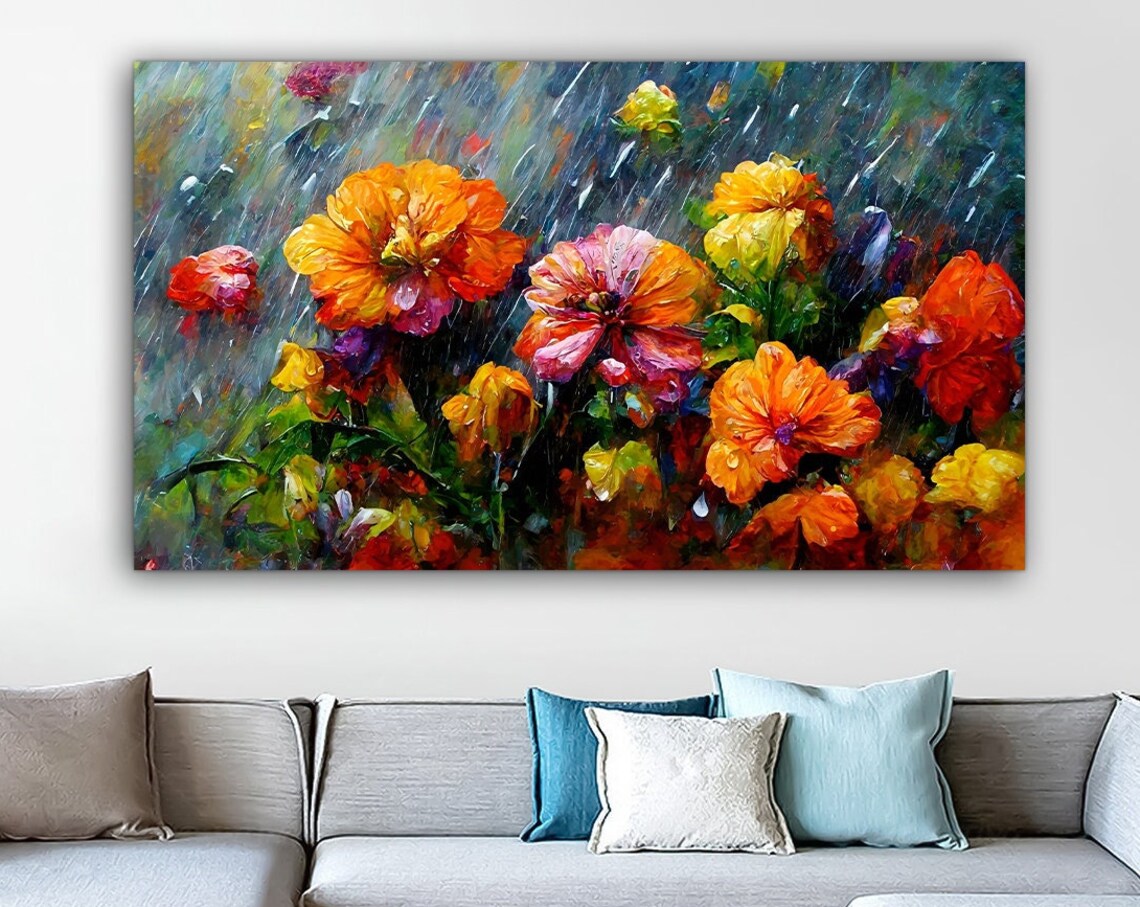Colorful Flowers Rain Oil Painting Orange Pink Blooms Art Poster