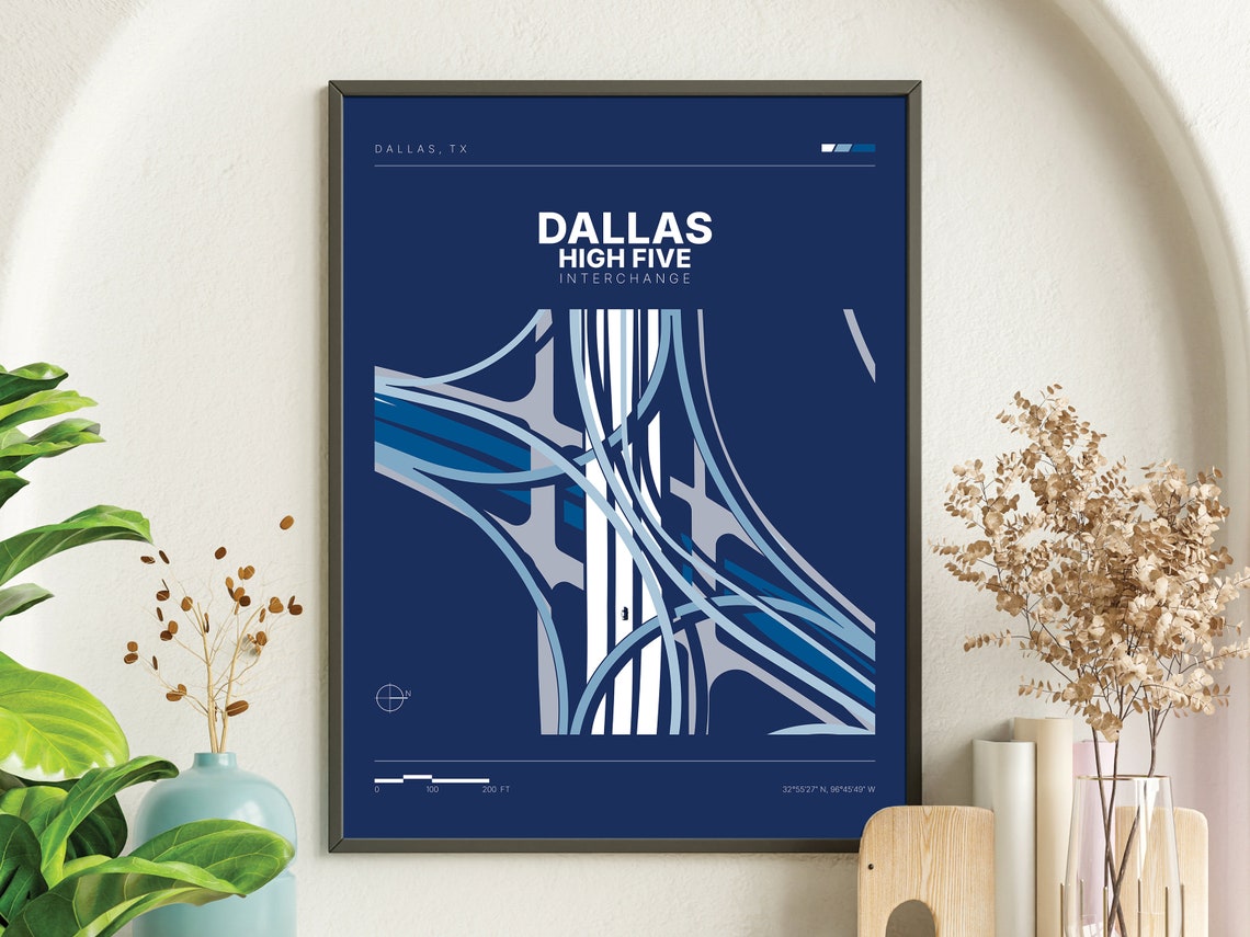 Dallas High Five Interchange Blueprint Map Urban Texas Poster