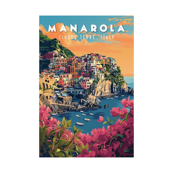 Vintage Manarola Travel Poster, Italian Riviera