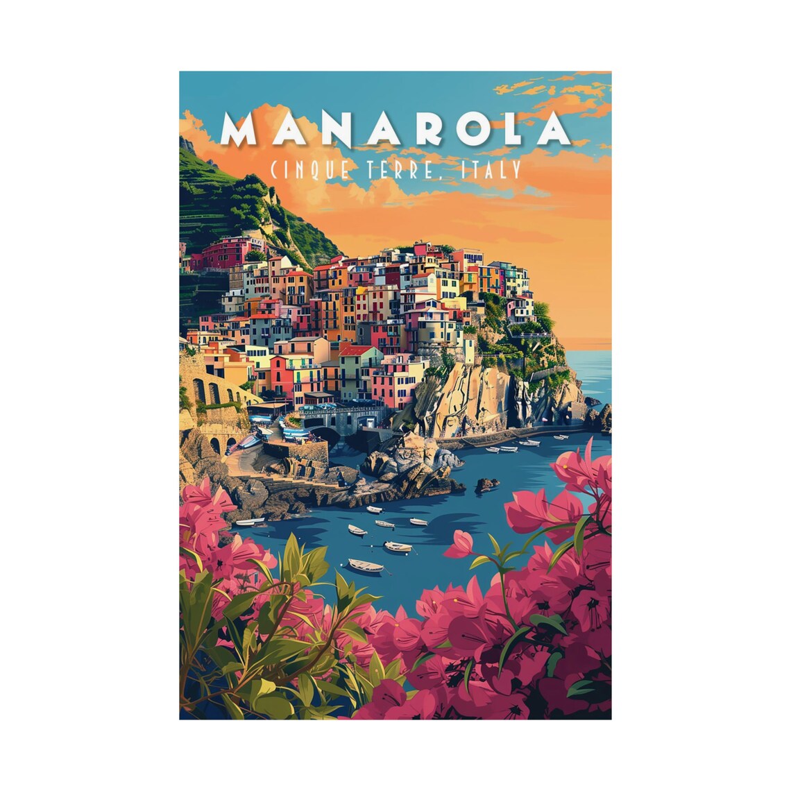 Vintage Manarola Travel Poster, Italian Riviera