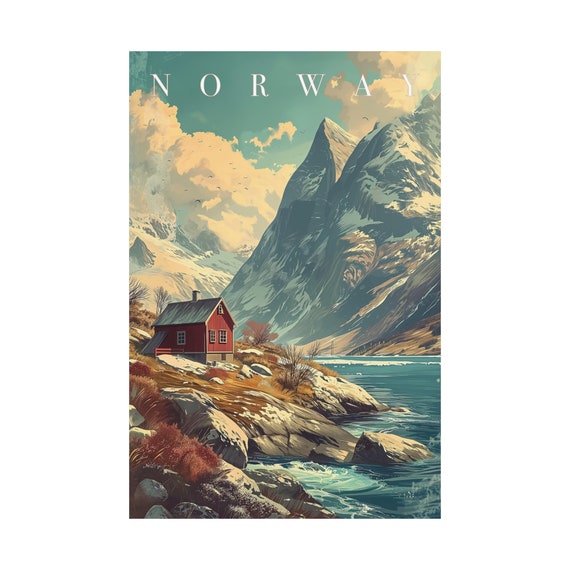 Norway Fjord Wall Art Vintage Travel Poster Retro Scandinavian Print Majestic Mountains Decor