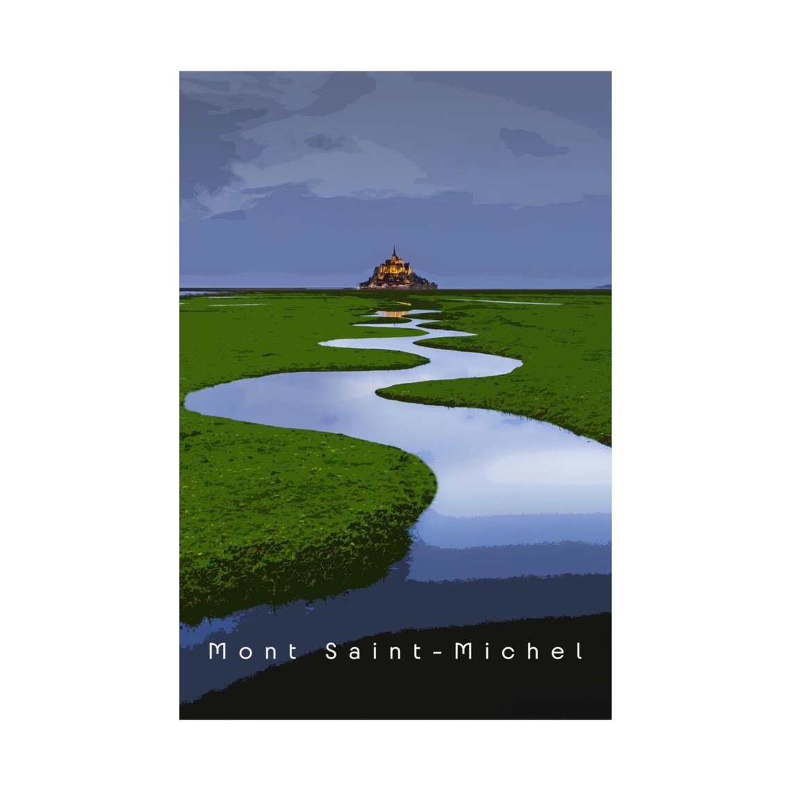 Mont Saint Michel Tidal Island Normandy Dusk Vintage Travel Poster