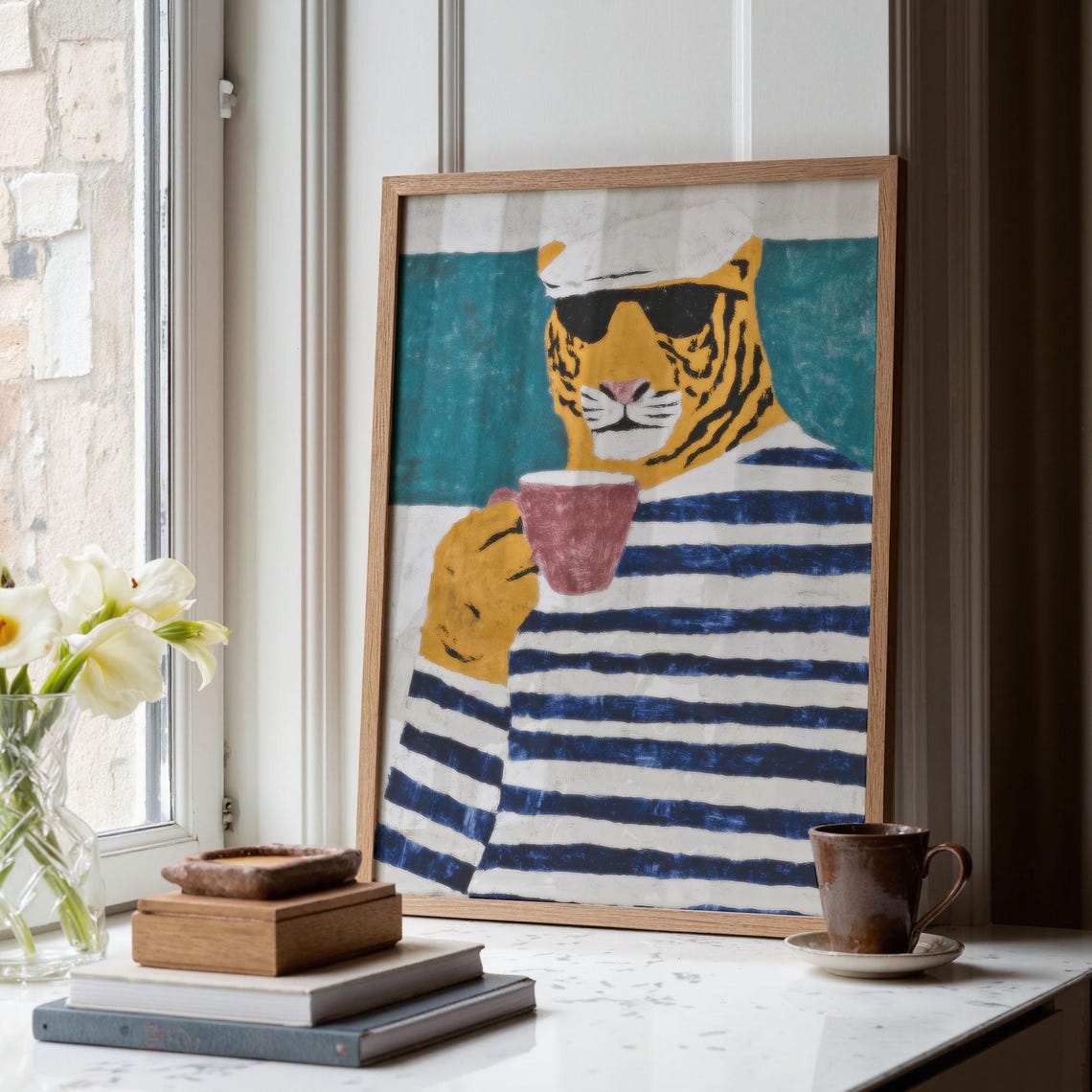 Tiger With Coffee Cup Poster Eccentric Animal Illustration Print