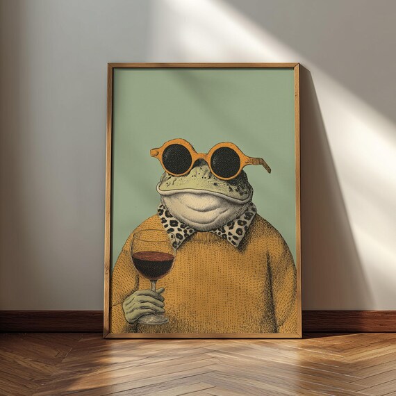 Sophisticated Frog Holding Wine Glass Sunglasses Sweater Funny Animal Poster