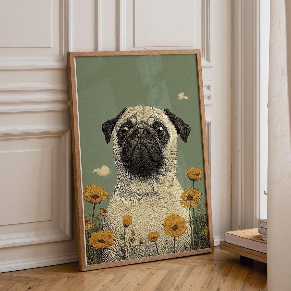 Pug In Flowers Poster Vintage Animal Illustration Print