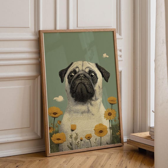 Pug In Flowers Poster Vintage Animal Illustration Print