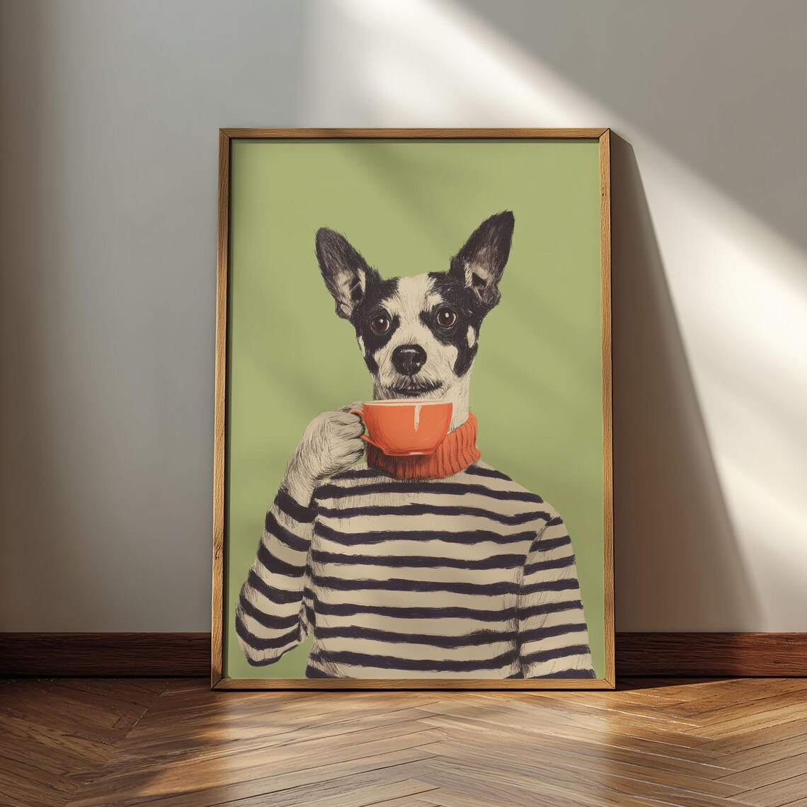 Dog In Striped Sweater Drinking Coffee, Mid-Century Modern Art Print