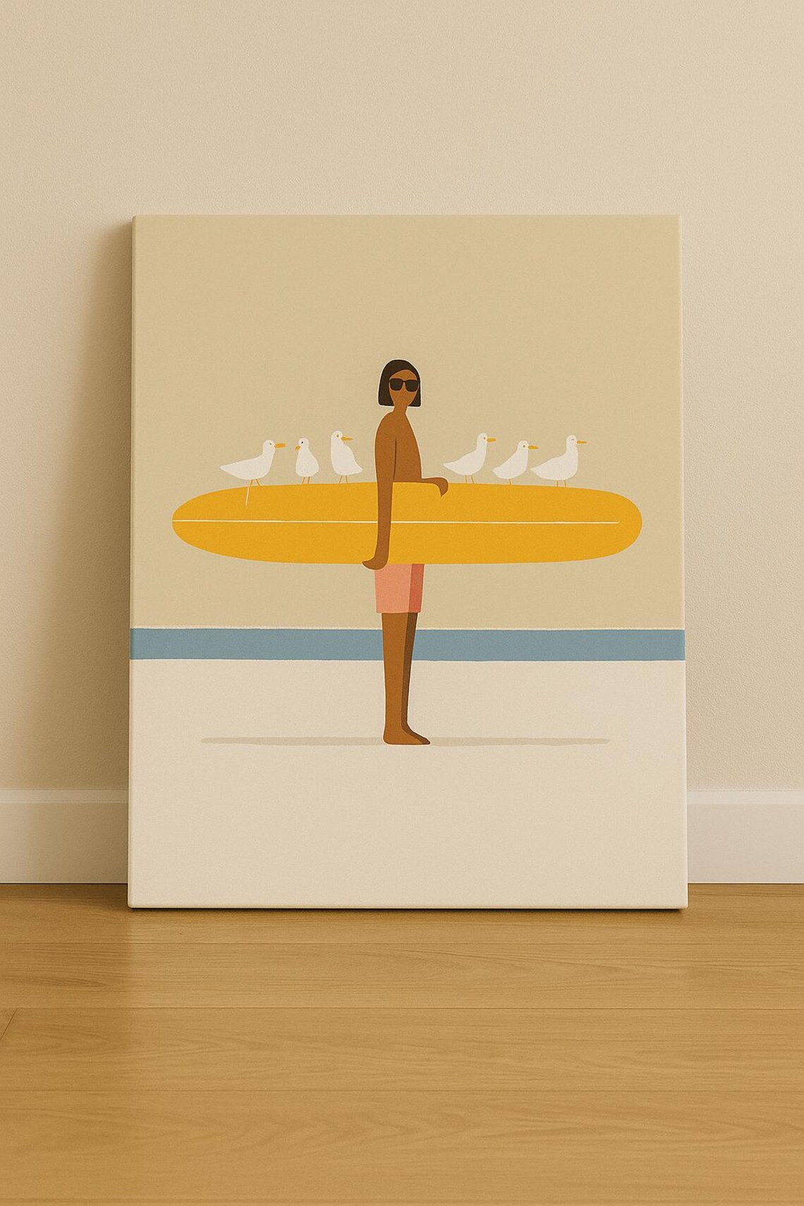 Surfer Woman with Yellow Longboard and Seagulls Coastal Art Poster