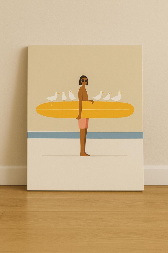 Beach Girl Surfboard Poster Minimalist Coastal Wall Art Summer Seagull Print Boho Ocean Decor Modern Surfer Illustration