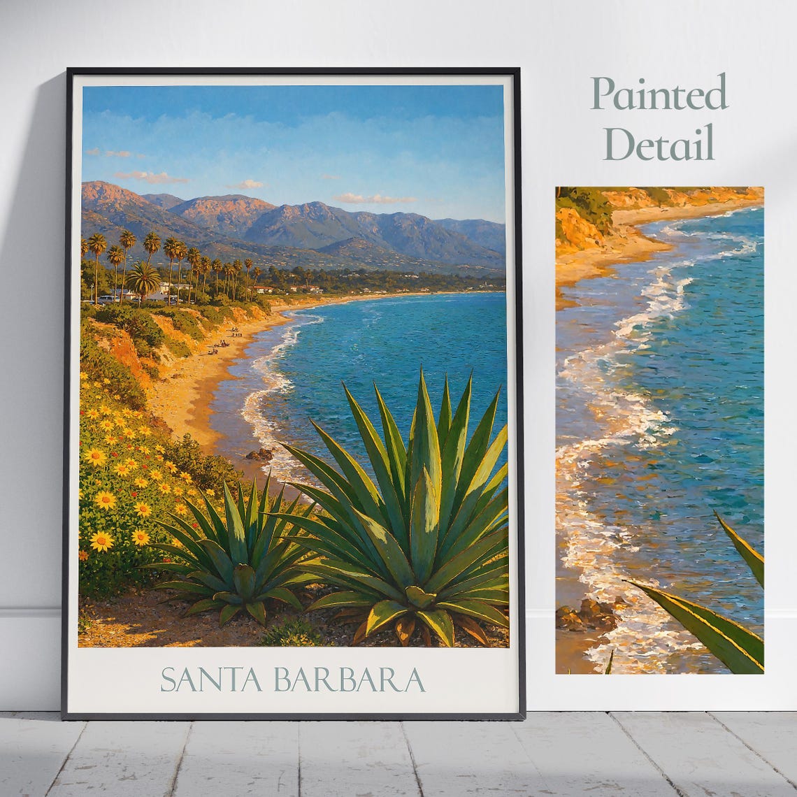 Santa Barbara Agave Coast Beach Blue Ocean Mountains Painted Poster