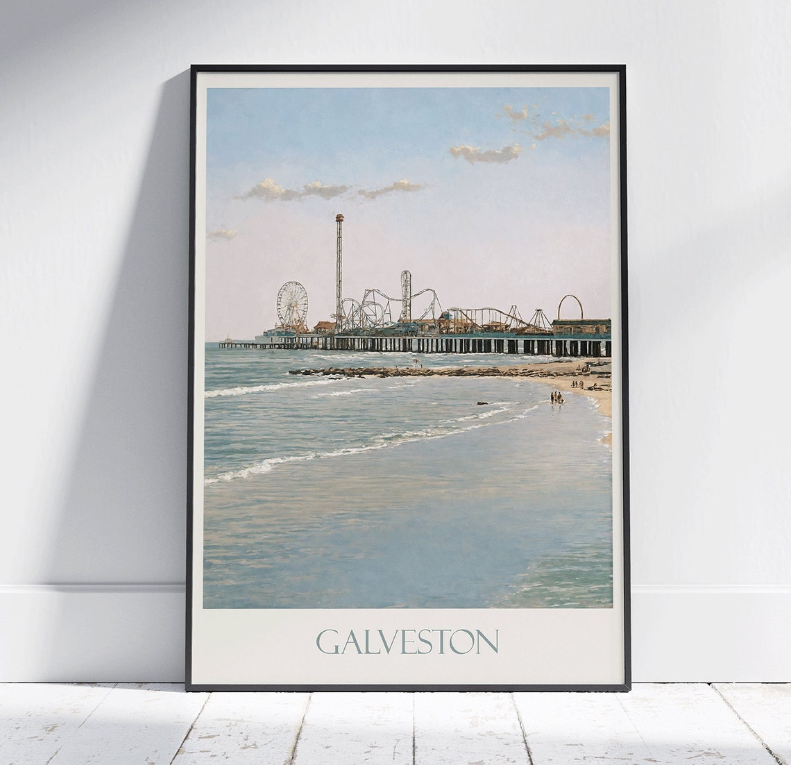 Galveston Pier Beach Sunset Painted Texas Gulf Coast Scene Poster