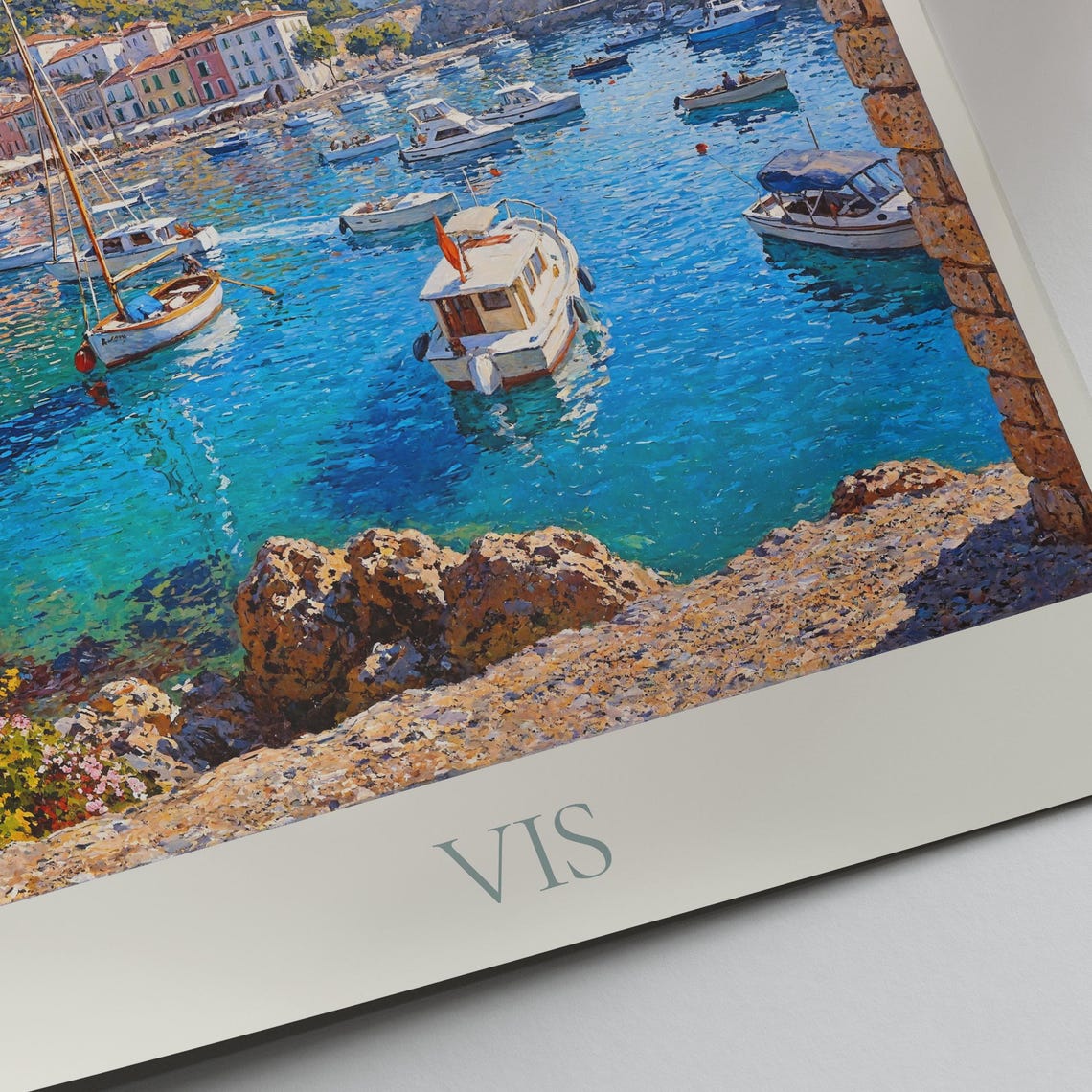 Vis Croatia Harbor Town Hillside Castle Painted Travel Poster - Image 3