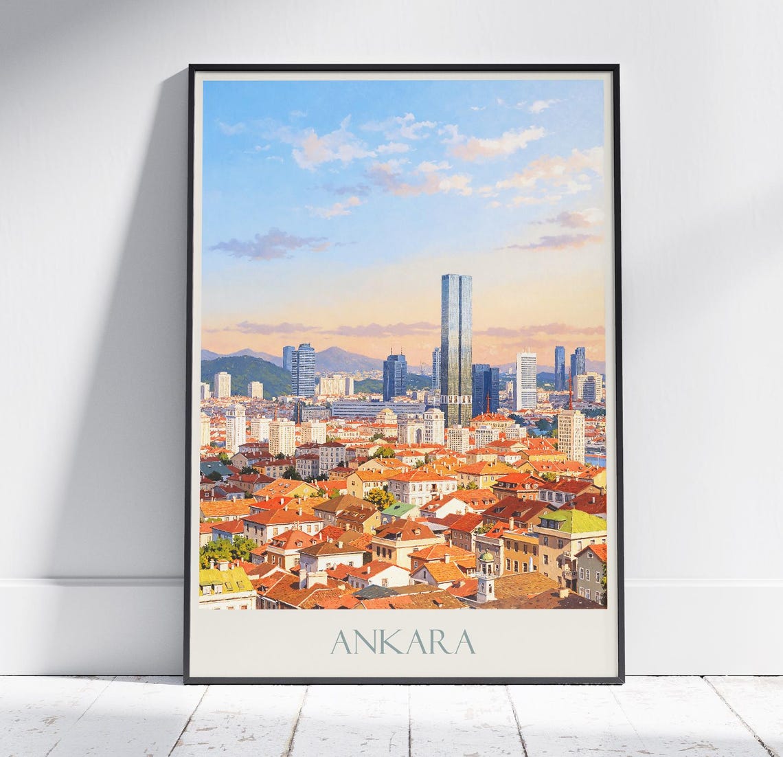 Ankara Turkey Modern City Skyline at Sunset Painted Travel Poster