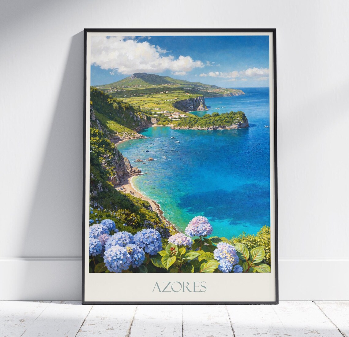 Azores Portugal Hydrangeas Coastal Cliffs Painted Travel Poster
