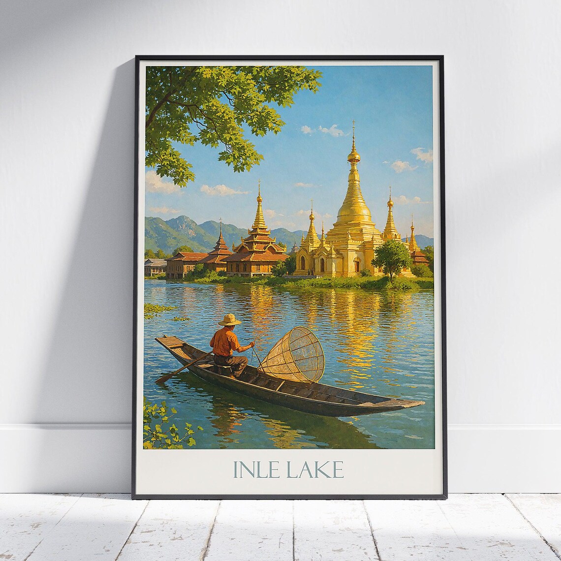 Inle Lake Golden Pagoda Fisherman Myanmar Vintage Travel Poster