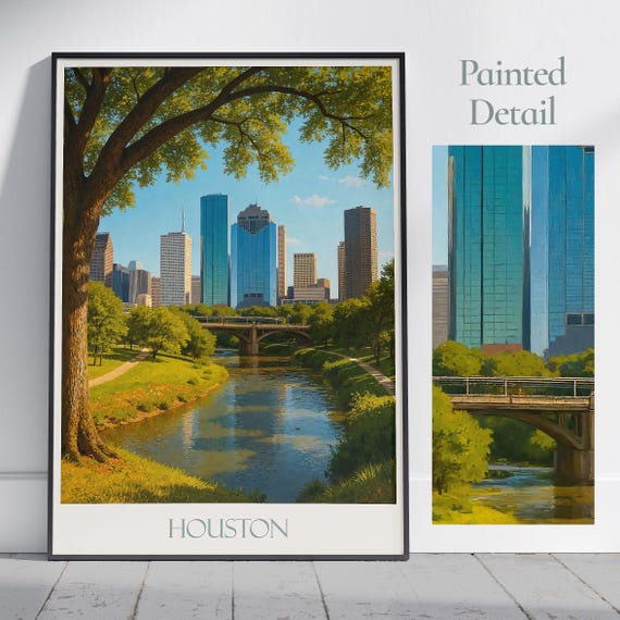 Houston Travel Poster Texas Cityscape Art Print Downtown Skyline Wall Decor Painted Personalized Vacation Gift