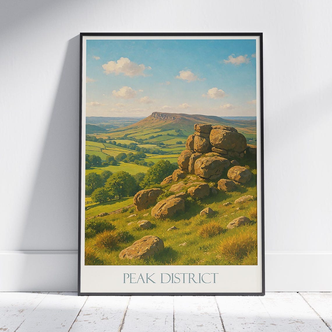 Peak District Gritstone Rocks and Green Hills Painted Poster