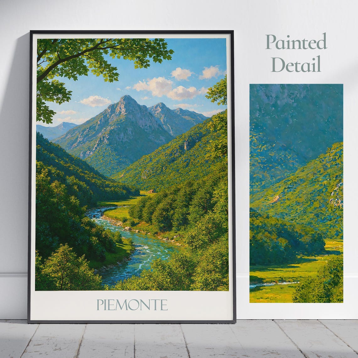Piemonte Italy Alpine River Valley Poster with Forest Peaks View