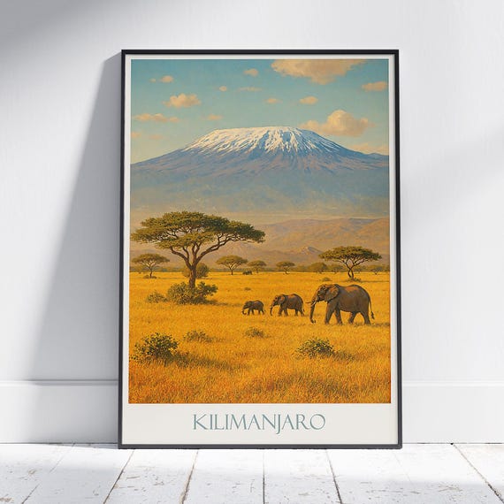 Kilimanjaro Travel Poster Mount Art Print Tanzania Safari Decor Elephant Wall African Landscape Gift