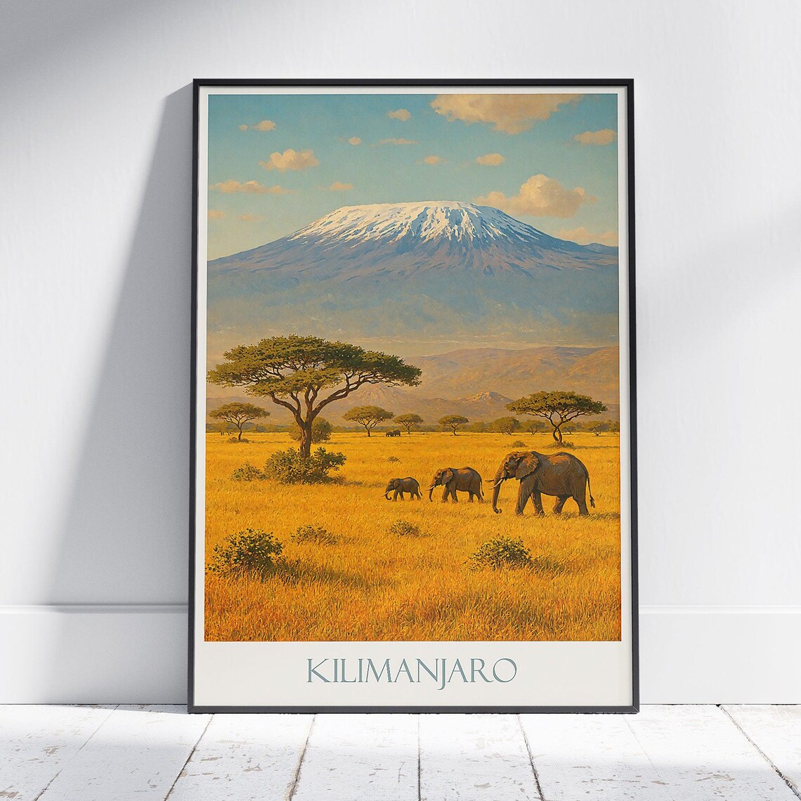 Kilimanjaro Tanzania Elephant and Mountain Safari Retro Travel Poster