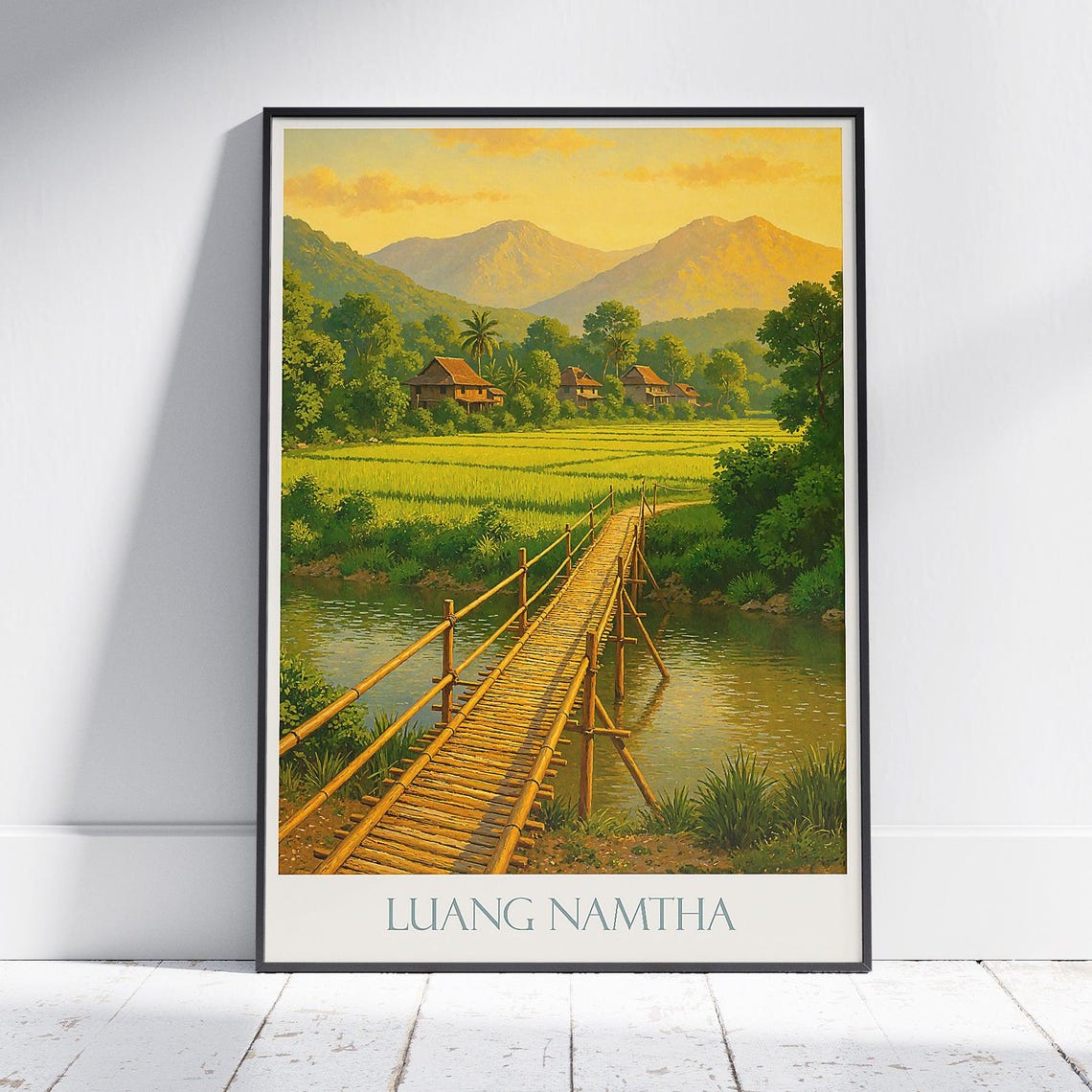 Luang Namtha Laos Bamboo Bridge Over River Village Travel Poster