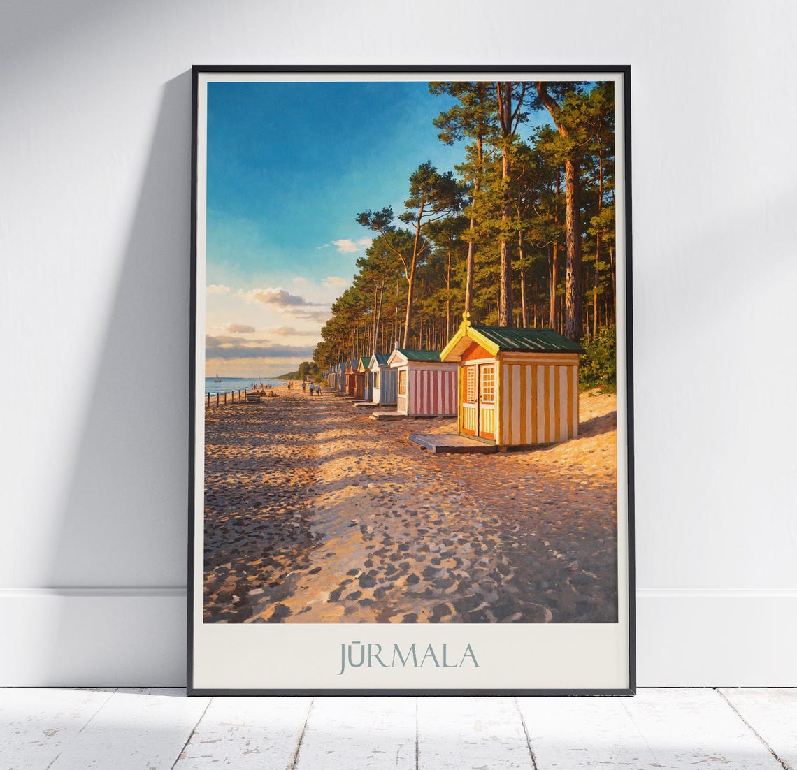 Jurmala Latvia Beach Huts Striped Cabins Seaside Travel Poster