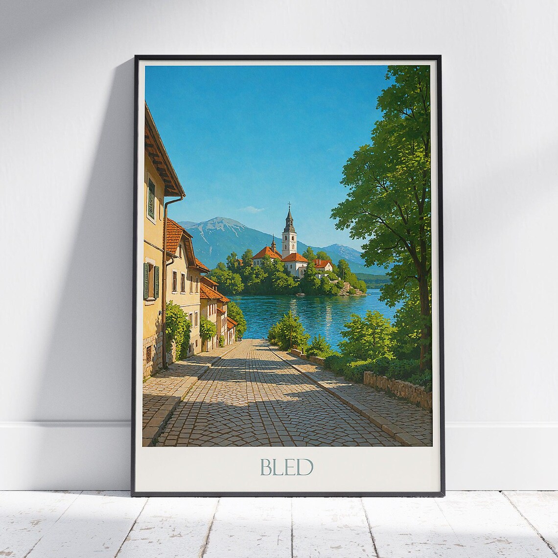 Lake Bled Slovenia Island Church Vintage Style Travel Art Poster