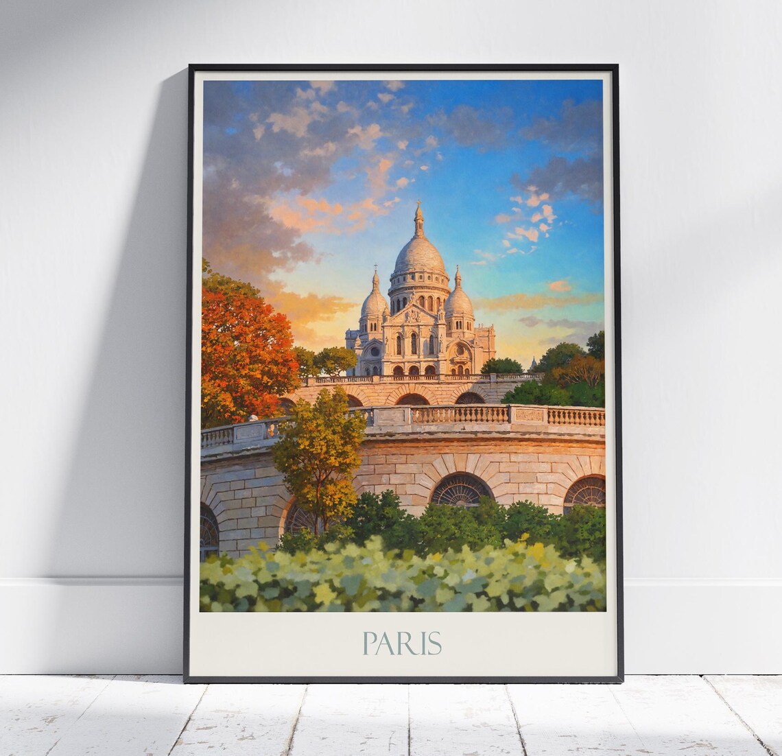 Paris Sacre Coeur Basilica Sunset Golden Montmartre Travel Poster