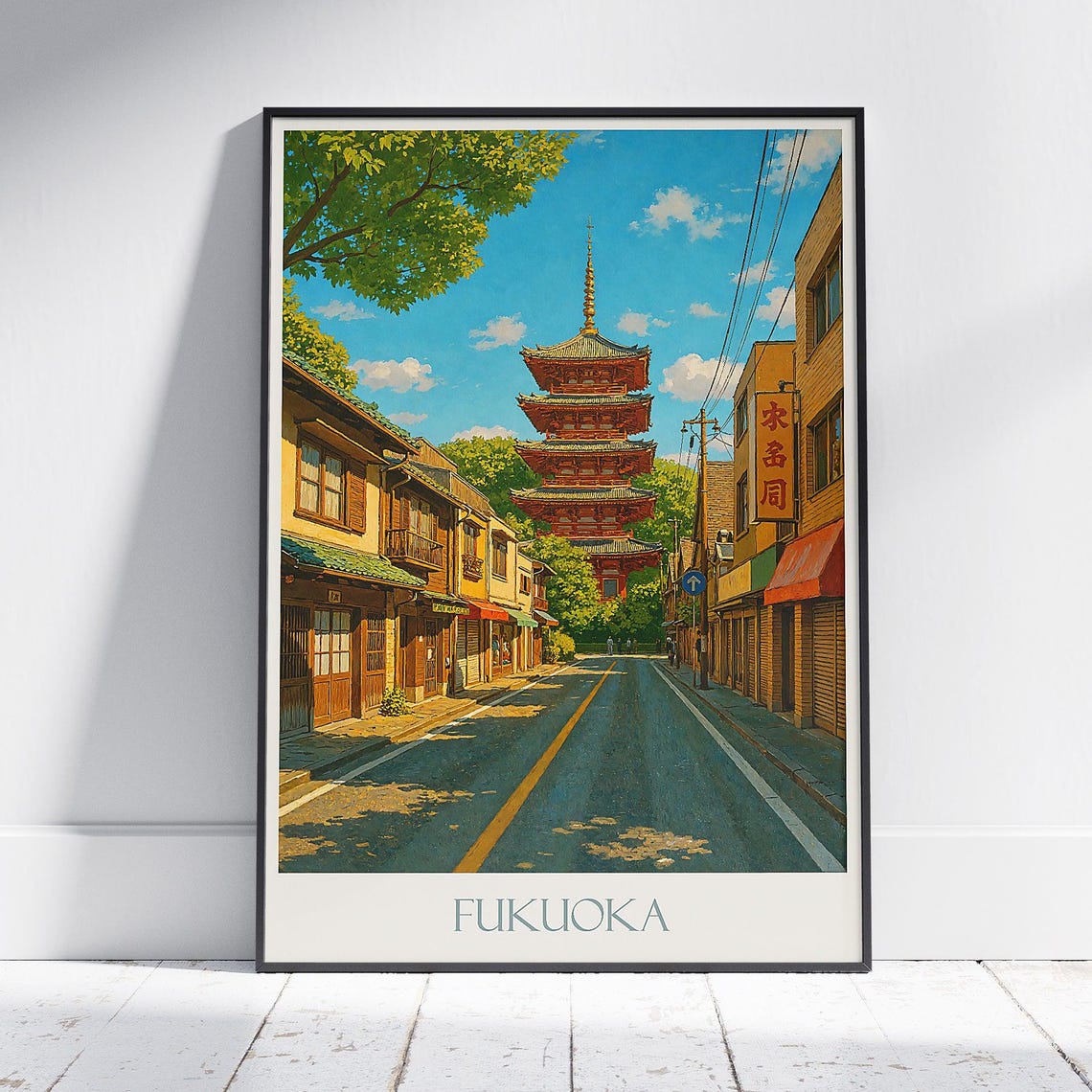 Fukuoka Japan Vintage Five Storied Pagoda Street Travel Poster
