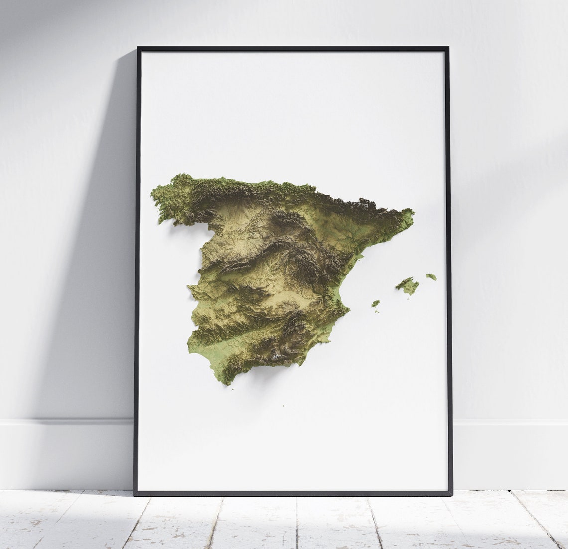 Spain Shaded Relief Topographic Map Minimalist Vintage Print