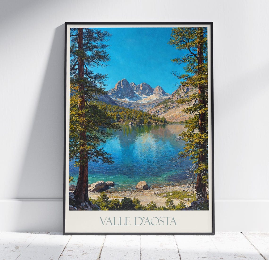 Valle d'Aosta Alpine Lake Pine Forest Peaks Italy Travel Poster