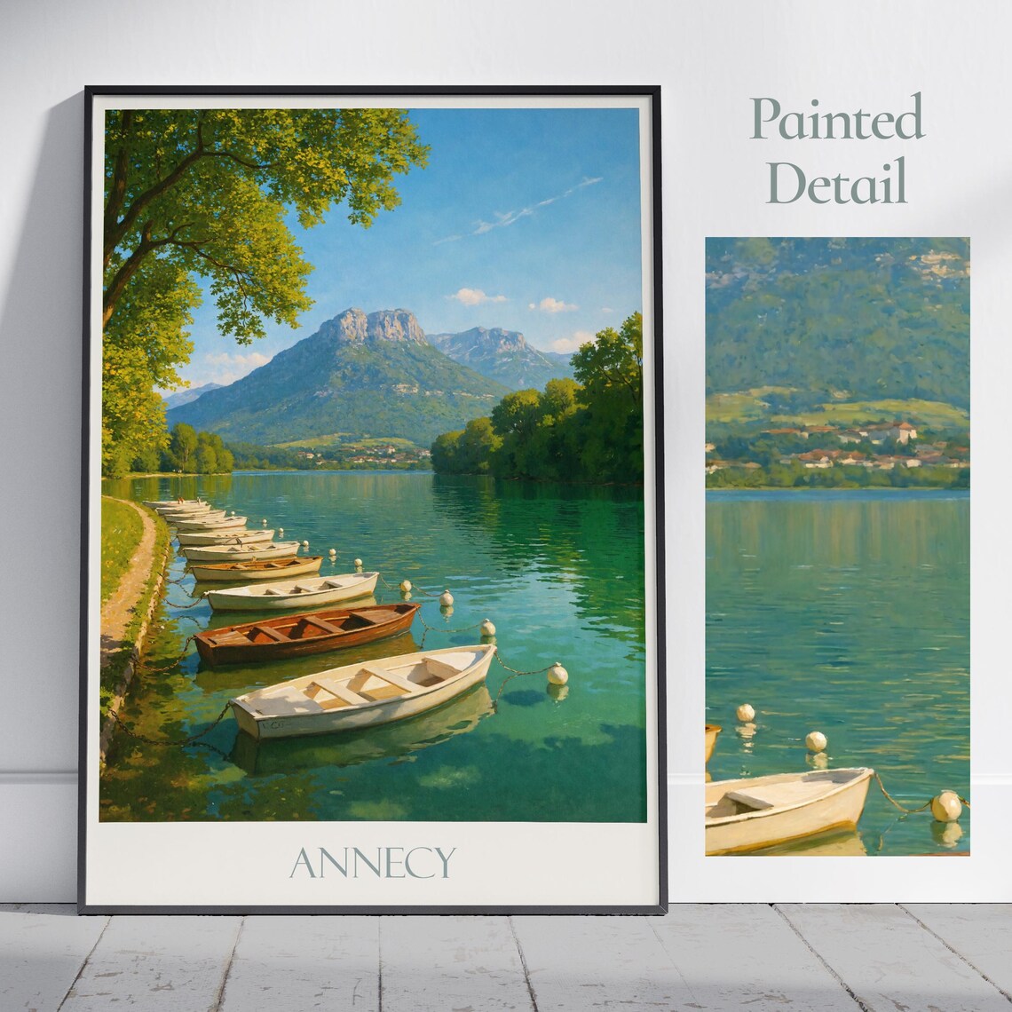 Annecy France Rowboats Moored Emerald Lake Mountain View Travel Poster