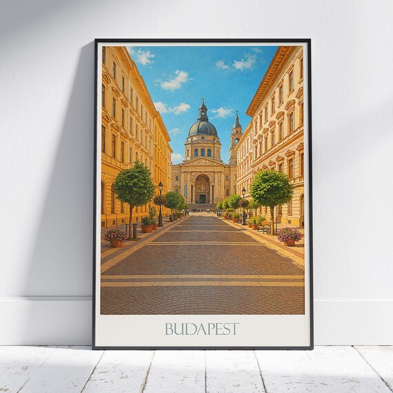 Budapest Saint Stephen Basilica Cobblestone Street Travel Poster