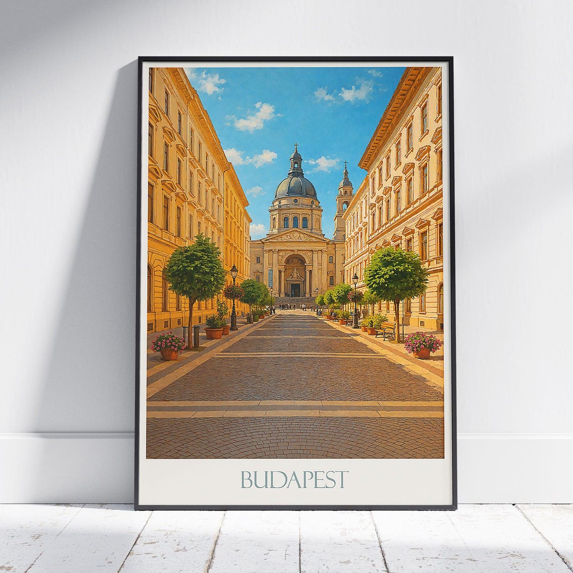 Budapest Saint Stephen Basilica Cobblestone Street Travel Poster