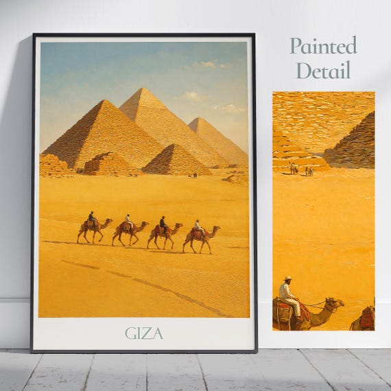 Giza Pyramids Travel Poster Cairo Egypt Painted Wall Art Print Desert Landscape Home Decor Framed Personalized Gift