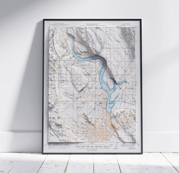 Moses Lake Washington Shaded Relief Flat 2d Map Print Poster Wall Art Decor Topography