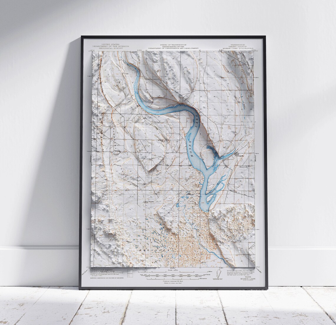 Moses Lake Washington Topographic Shaded Relief Vintage Map Print