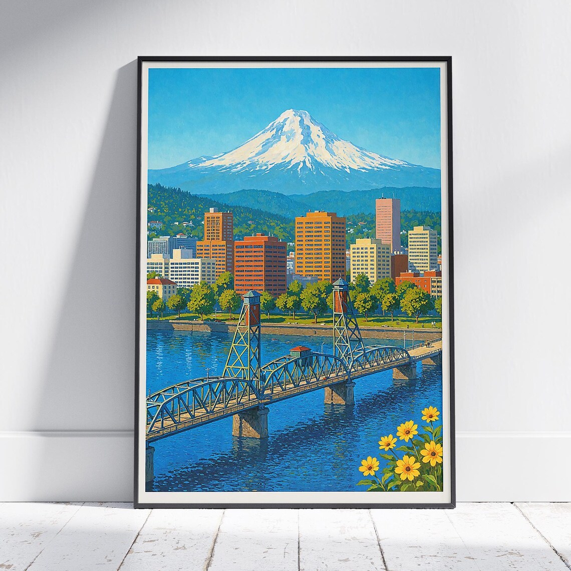 Portland Oregon Skyline Mt Hood Hawthorne Bridge Travel Poster