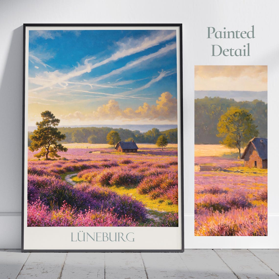 Luneburg Heath Heather Fields Painted Travel Poster Cottage Sky