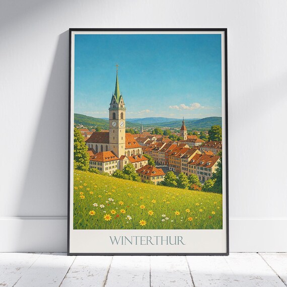 Winterthur Switzerland Old Town Church Spire Meadow Travel Poster
