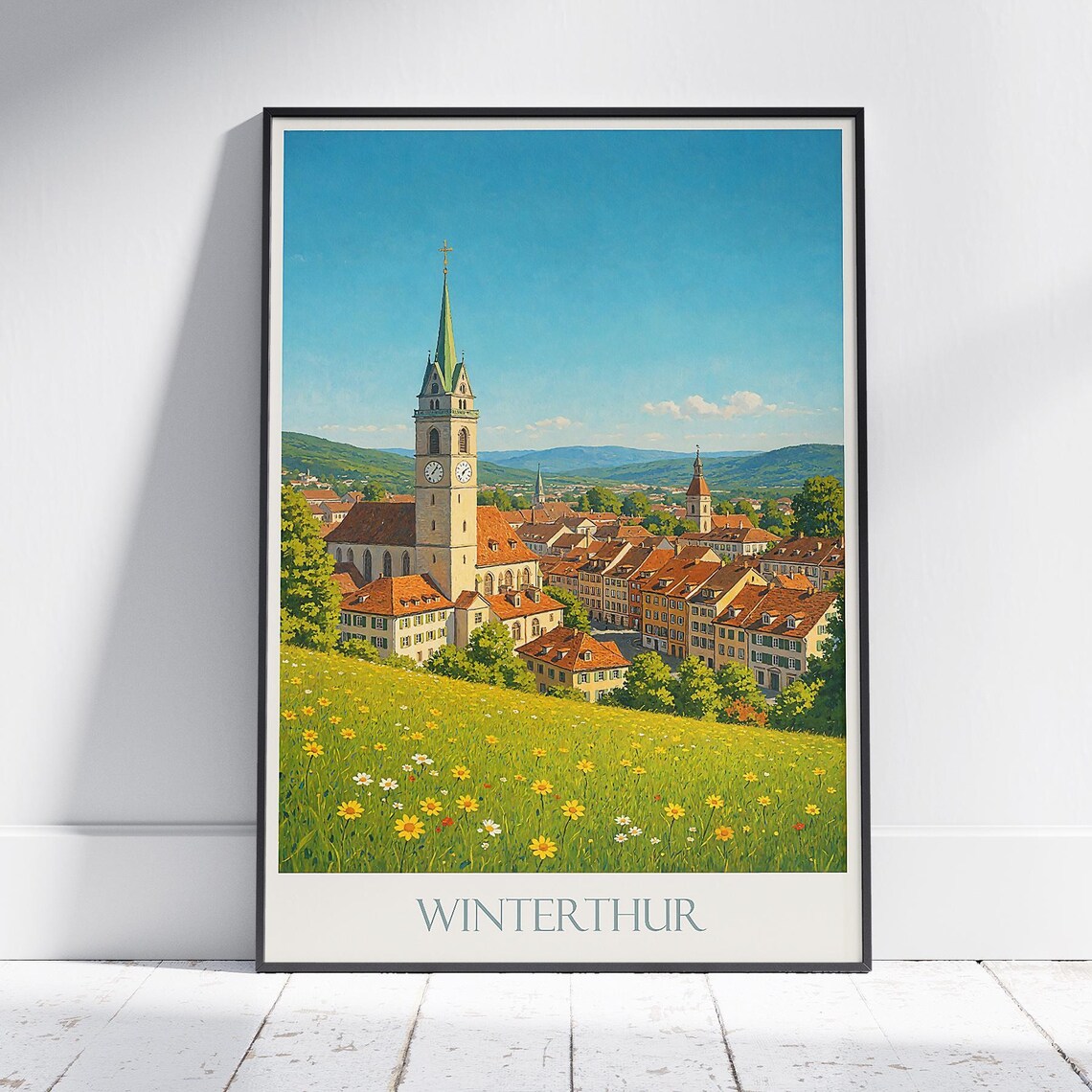 Winterthur Switzerland Old Town Church Spire Meadow Travel Poster