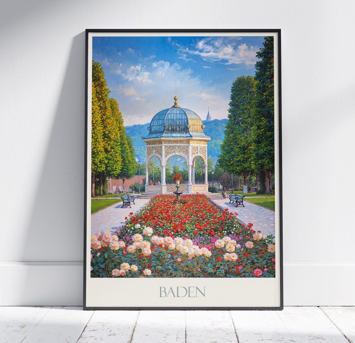 Baden Spa Garden Rose Pavilion Flower Beds Vintage Travel Poster