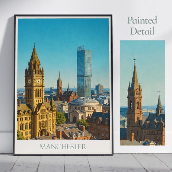 Manchester Travel Poster Town Hall Beetham Tower Uk City Print Modern Vintage Wall Art Decor Personalized Framed Gift